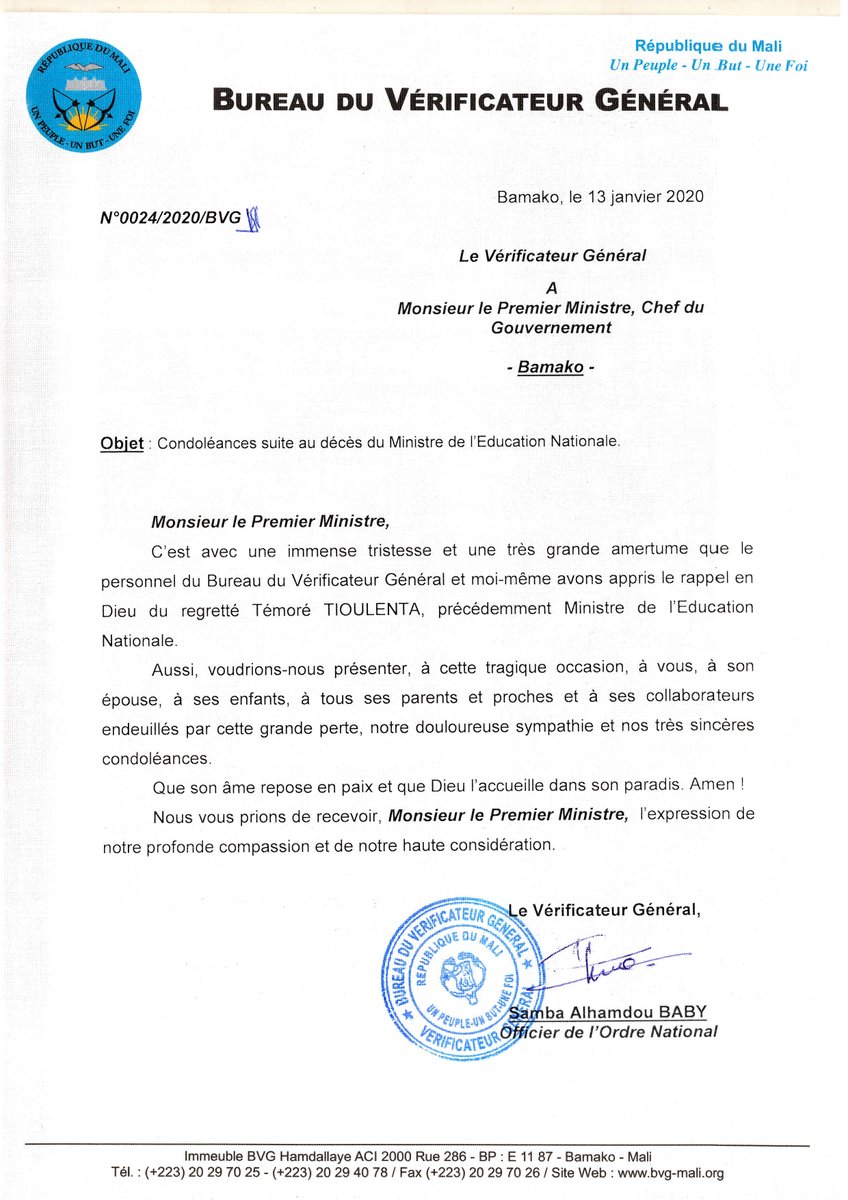 BvgMali's tweet photo. Suite au décès du Ministre de l’Education Nationale Dr Témoré Tioulenta, le Vérificateur Général du Mali a adressé un message de condoléance au Premier Ministre. Que l'âme du défunt repose en paix. https://t.co/uFH6bNwCUc