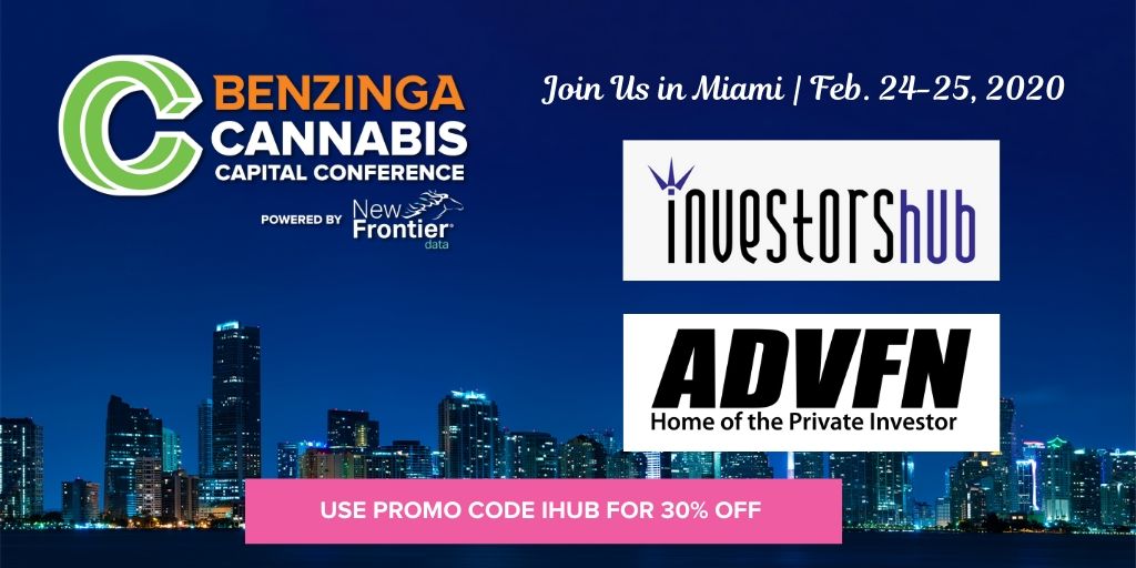 Join us at the <a href="/Benzinga/">Benzinga</a> Cannabis Capital Conference and get 30% off your entry by using the code IHUB… register here: bit.ly/35wTA10 

#cannabiscommunity #miami #IHUB #ADVFN 
<a href="/advfn/">ADVFN</a> <a href="/Fontainebleau/">Fontainebleau Miami Beach</a>