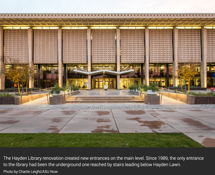 infodocket's tweet photo. Arizona State University: New Doors Open to Renovated Hayden Library After $90 Million Renovation #libraries @ARLnews #libraryrenovations @ASULibraries https://t.co/Z2i1MfhS1f