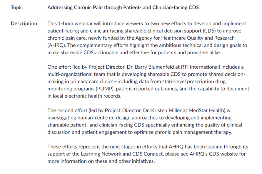 MedicalHFE's tweet image. Interested in human-centered design approaches to developing shareable CDS for chronic pain management therapy? Tomorrow, 1/15, 2pm ET, join @kmillerdrph for @AHRQNews' PCCDS-LN webinar: Addressing Chronic Pain thru Patient-/Clinician-facing CDS. Register: bit.ly/384v1dC