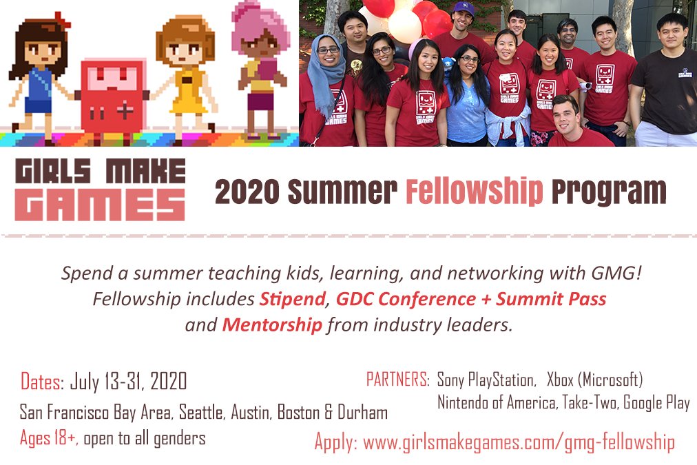 The wait is over, applications for the 2020 GMG Summer Fellowship are now open!!!

Don't miss this opportunity to gain XP and mentor some amazing kids <3

Open to ages 18+, all genders welcome!

Apply here: girlsmakegames.com/gmg-fellowship

#RT Spread the word! #gamejobs #gamedev