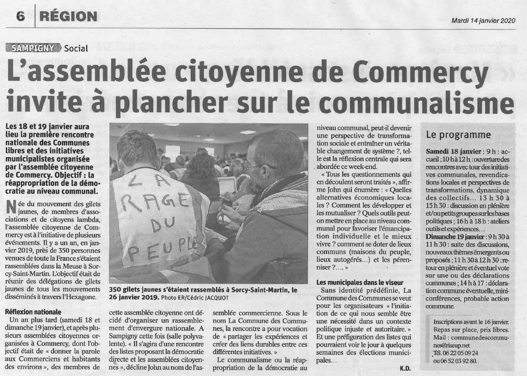CommuneCommunes's tweet photo. [Presse Locale] L'idée que le pouvoir doit être partagé entre toutes et tous, et qu'il doit s'exercer localement. Sans oublier que c'est un moyen, si ces communes et ces initiatives se fédèrent, de l'exercer nationalement. 
#revolution #communalisme #Municipales2020 https://t.co/eApKkDn8Po