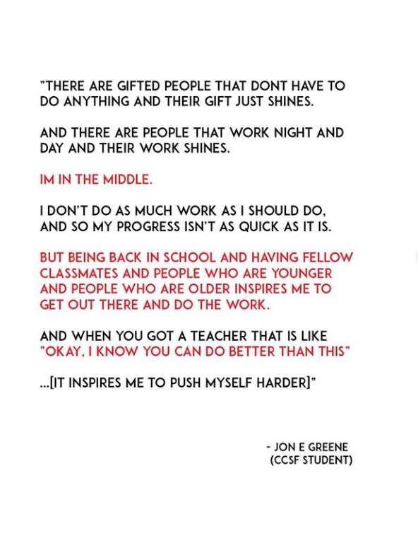 CCSFCollective's tweet photo. #CCSFArts Professor Inna Razumova is this CCSF student's (Jon E Green) favorite professor - it is the teacher he is referencing in his quote below. https://t.co/CuyFVg8RiX