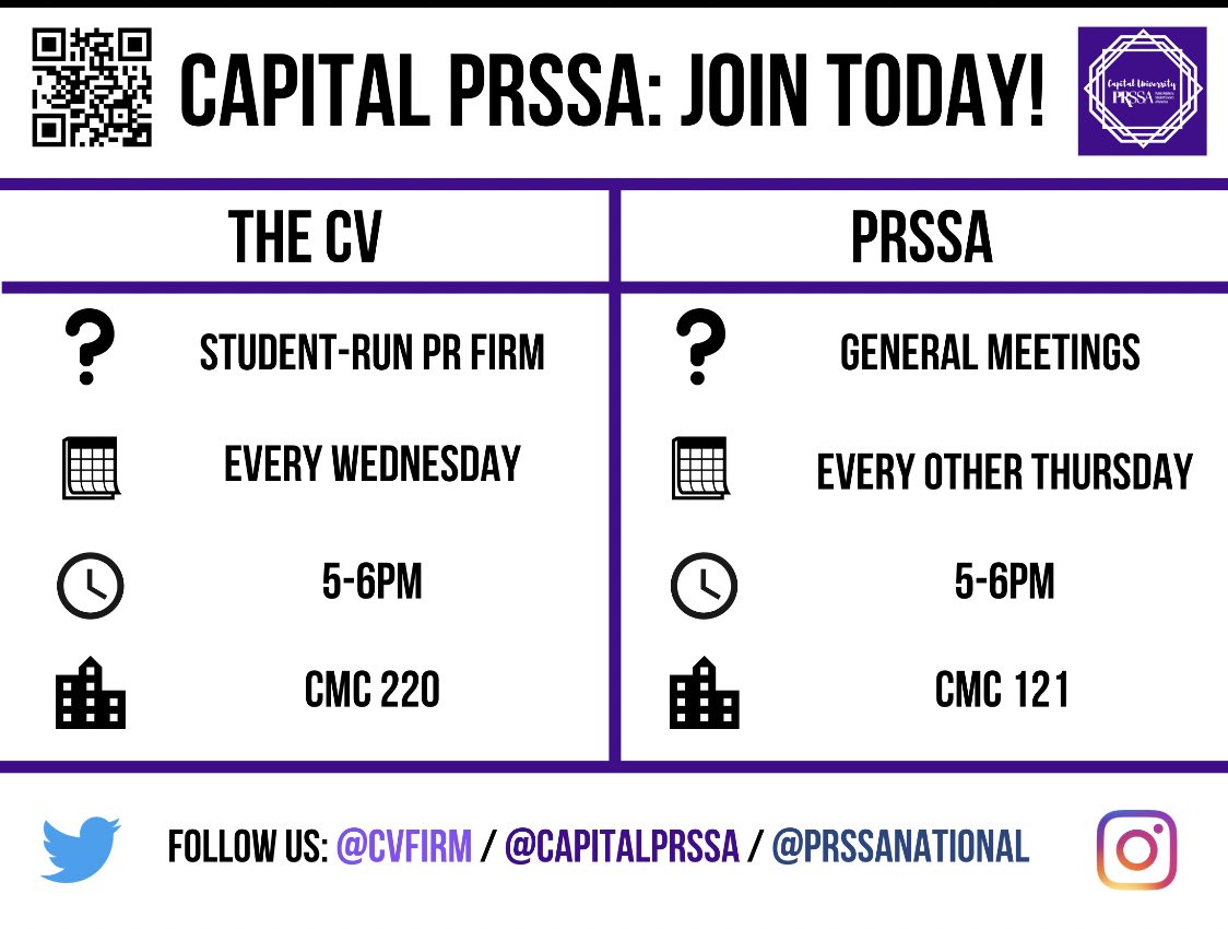 CapitalPRSSA's tweet photo. ~Spring 2020 Meeting Times~
Looking forward to seeing many new and returning faces this semester💜#capfam #capitaluniversity https://t.co/pbglzMDjyb