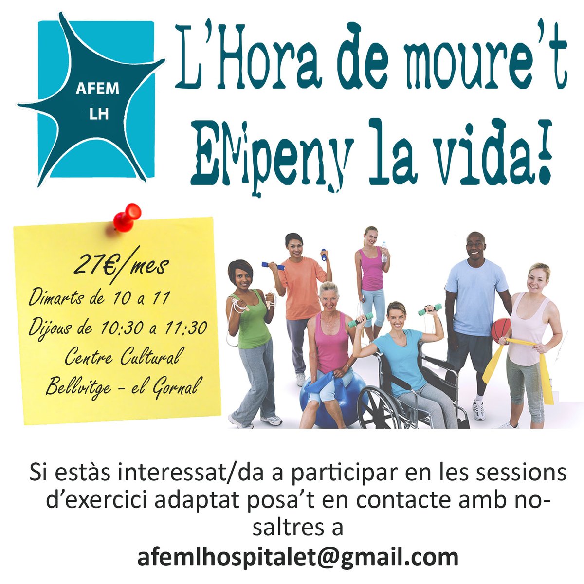AfemLh's tweet photo. Comencem l'any amb energia i ampliem 1 dia les sessions d'exercici adaptat!
Properament farem una jornada de portes obertes per si tens algun dubte.
#esclerosimúltiple
#EM https://t.co/yEfHsPct2z