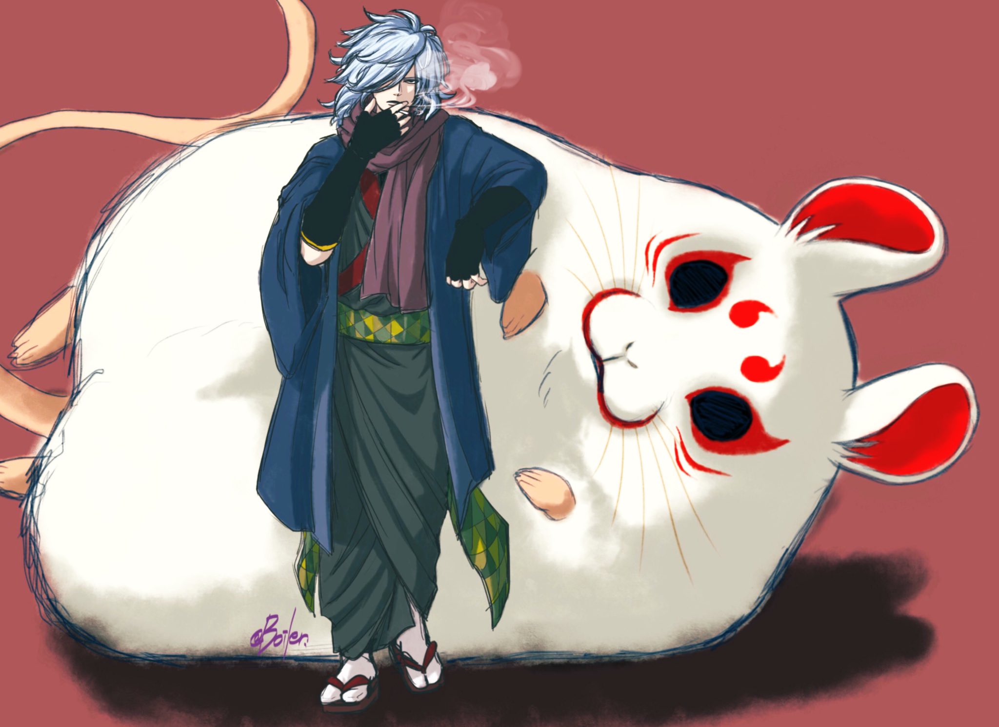 Boiler ﾎﾞｲﾗｰ 修正版 たばこの煙追加した あと おネズ様のお耳を整形いじいじ ねずみっぽくなった 創作 らくがき 落書き お絵かき 子年 ねずみ 正月イラスト オリキャラ 創作イラスト 和服男子 着物男子 和服キャラ T Co