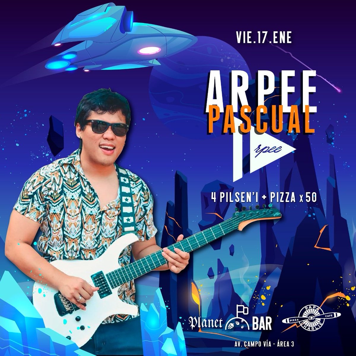 planetbarpy's tweet photo. Este viernes aterriza Arpee Pascual en la vereda más cool, trayendo los mejores éxitos acústicos.👨‍🚀✨
.
🍕🍻Combo 4 pilsen'i + pizza de Papa Charlie × 50mil.
.
.
#PlanetBar #fridaynight #acustico https://t.co/PjTaNkzWME