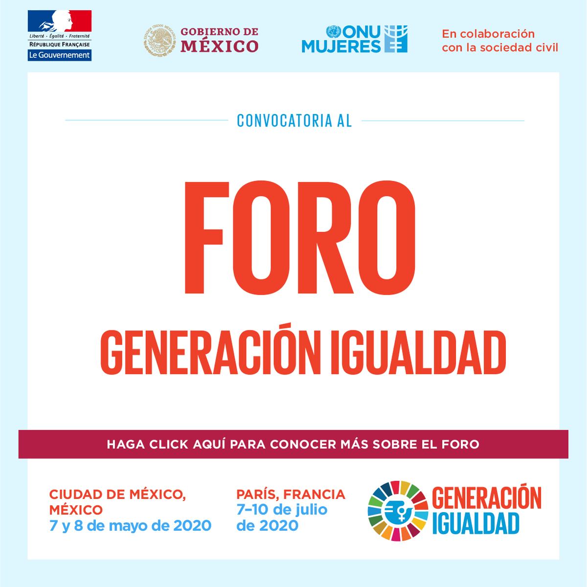 ONUMujeres's tweet photo. 💥Marquen la fecha del Foro #GeneraciónIgualdad💥

7-8 de Mayo 2020, Ciudad de México 🇲🇽
7-10 de Julio 2020, Paris 🇫🇷

Un encuentro global para la igualdad de género coauspiciado por Francia&amp;México
https://t.co/18Qhl6GjJf
@franceonu @francediplo_EN @SRE_mx @MexOnu @inmujeres https://t.co/aliMTxnFtt
