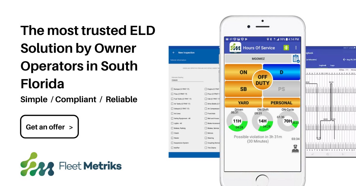 fleetmetriks's tweet image. Switch to Fleet Metriks ELD with ease. Get the FM HOS Driver app, the most rated in South Florida by owner operator. Take stress out getting more miles and avoid violations with our exclusive features. Call now 786-9560107 or Get lnkd.in/eMregPk #fleetmanager #eldsolution