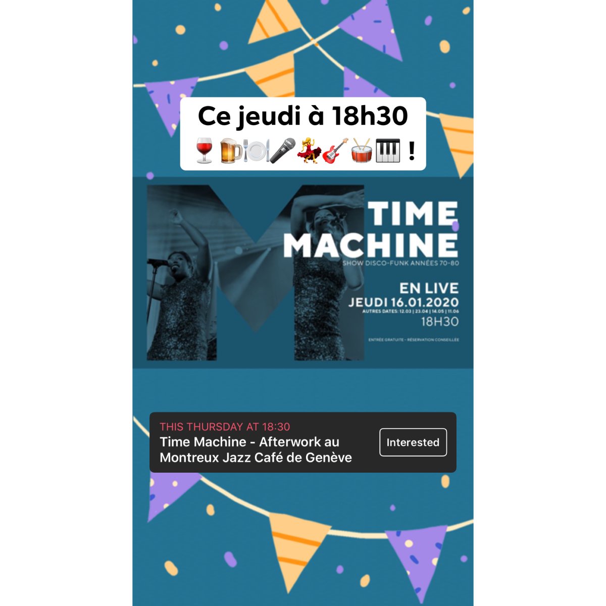 time_machine's tweet photo. Monthly after work with Time Machine (70’s-80’s disco-funk hits) at the Montreux Jazz Café (GVA airport) this Thursday Jan 16th, 6:30 pm 💃🍷🎤🎸🥁🎹 !

#Afterwork #Bestpartyintown #MontreuxJazzCafe #TimeMachineDiscoShow #discofunk #livemusic #70sparty #freeshow https://t.co/oI7cXZZQCB