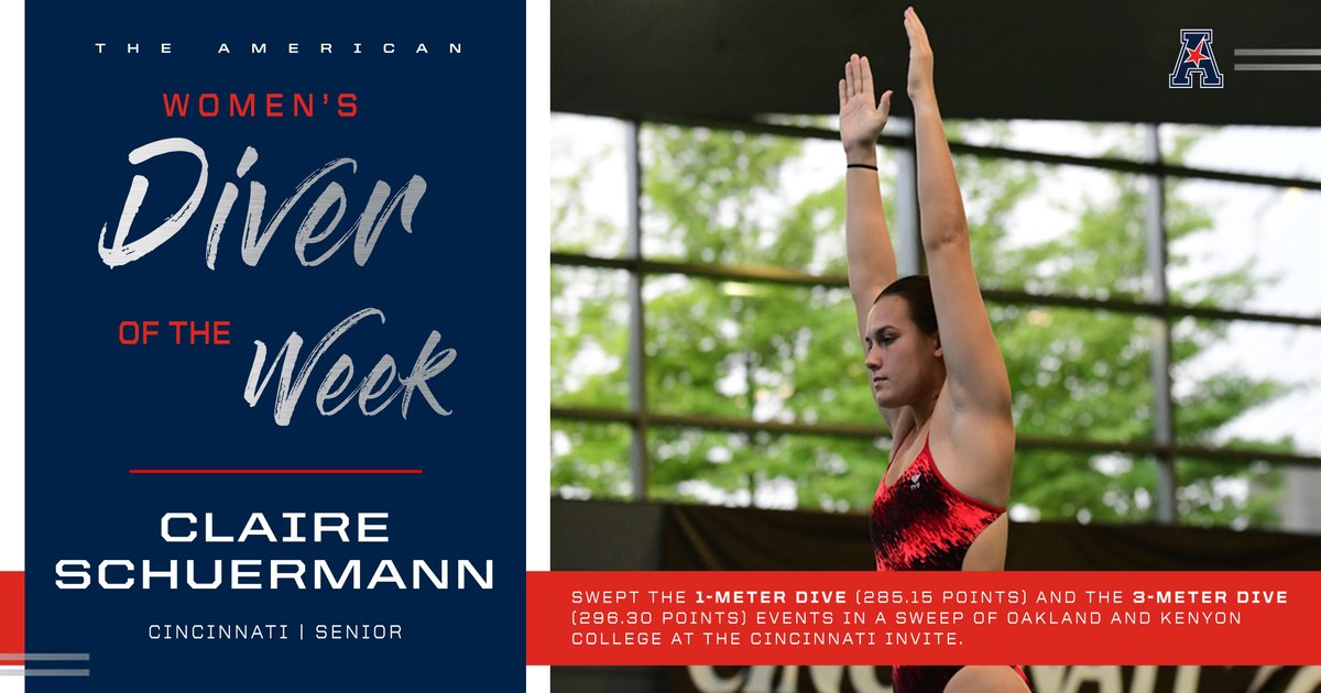 American_Swim's tweet photo. With a 1-meter and 3-meter sweep against Oakland and Kenyon College during the Cincinnati Invite, @GoBearcatsSWIM's Claire Schuermann is once again the #AmericanSwim Women's Diver of the Week! 🏊‍♀️ https://t.co/skaTNVAfZB