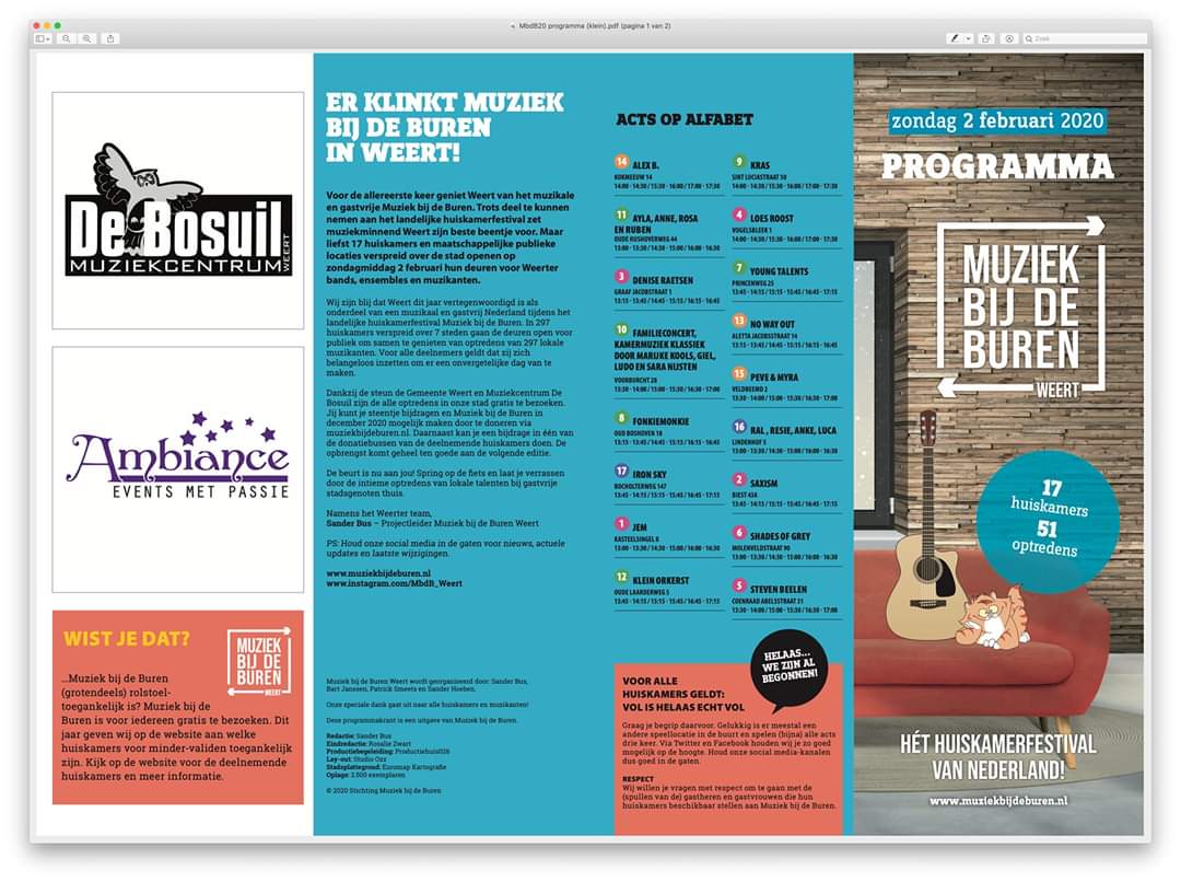 Geert_gabriels's tweet photo. Nieuw festival in #Weert! Een lokaal huiskamerfestival met landelijke uitstraling! Een podium voor lokaal muzikaal talent: 51 optredens in 17 huiskamers! 2 februari van 13.00 tot 17.00! #muziekbijdeburen https://t.co/GEvl5LlRUM https://t.co/eS2vzmxOgI