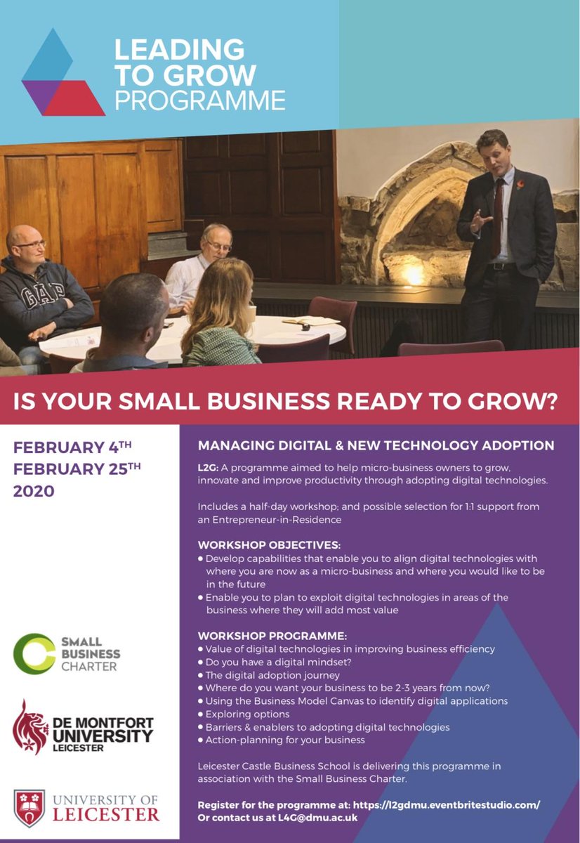 L4GDMU's tweet photo. Calling all small BUSINESS OWNERS!

De Montfort University are running a FREE Leading to Grow programme aimed to help small business owners to grow, innovate and improve productivity through adopting digital technologies.

To find out more, visit https://t.co/2IwyNeq2Ns https://t.co/lwPFlFa0gE
