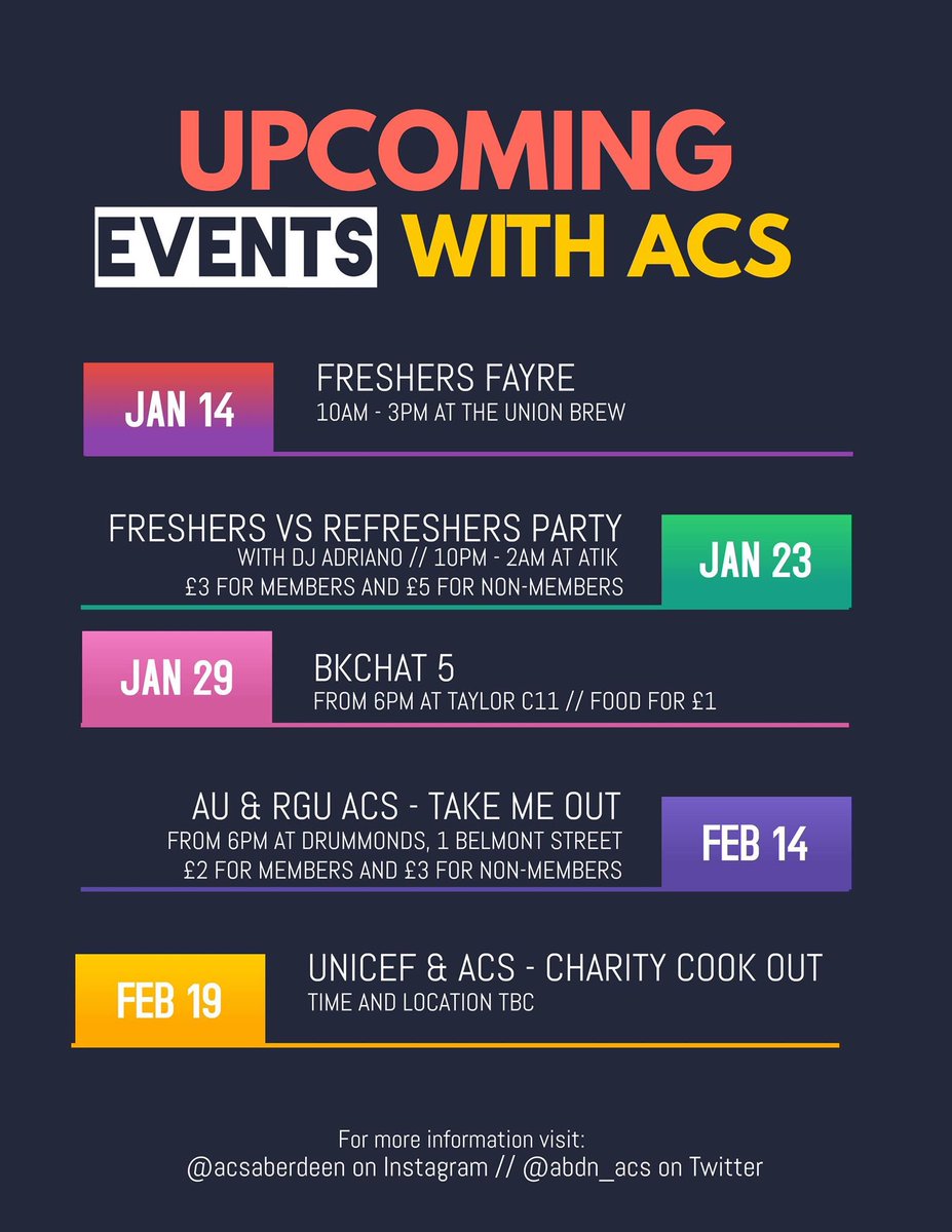 It was great meeting some new and returning members at today’s refreshers fayre! Check out our upcoming events for January and February which starts with our Freshers &amp; Refreshers Club Night on Thursday 23rd 🙌

Any questions then just DM or email ACS