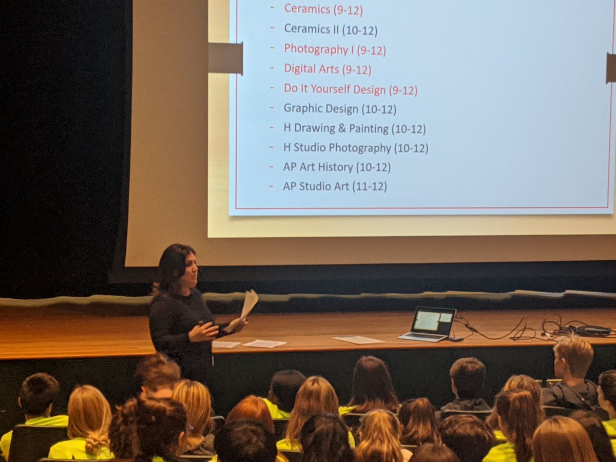 Northern Highlands Head of guidance, Kelly Peterfriend, is meeting with the 8th grade students to discuss their elective options for next year.