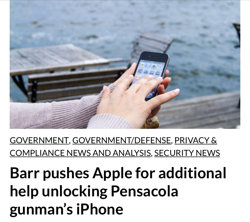 DataSecure2's tweet image. Declaring a shooting last fall at a Pensacola naval base a terrorist act, AG Barr struck a familiar chord – pressing Apple for help unlocking iPhones associated with the investigation of the incident.