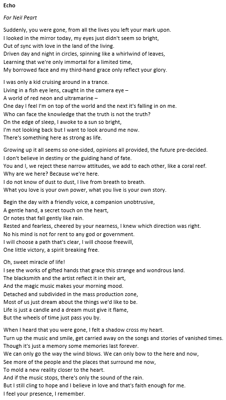 Neil Peart from <a href="/rushtheband/">Rush</a> wrote so many lyrics that have been important to my life and family, and how we think about the world. I wrote this poem in tribute using only the band's lyrics. I hope Neil would have liked it. 🖤 
@Lonesome_Noise, hope this resonates.