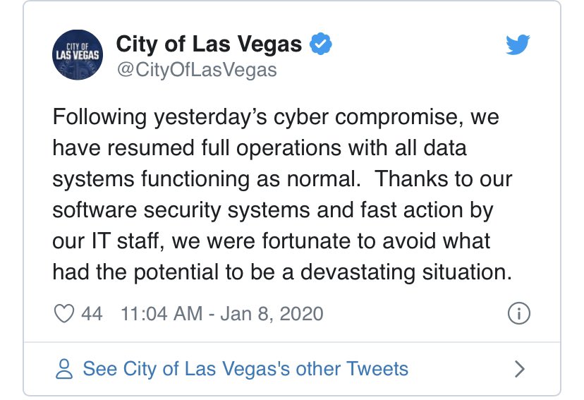 DataSecure2's tweet image. On the same day that the massive International CES event kicked off, city officials reported what they called a “cyber compromise” taking place at about 4:30 a.m.