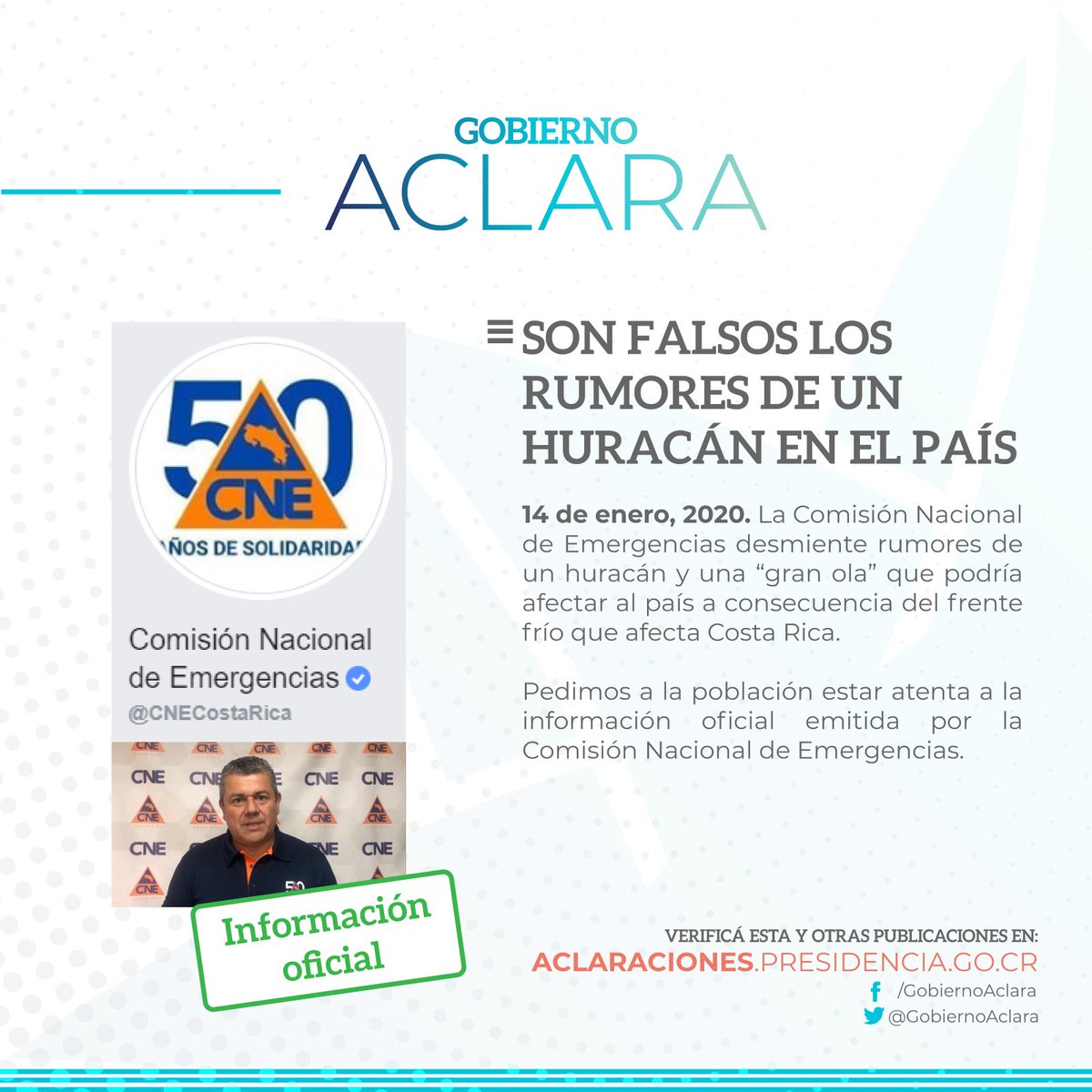 gobiernoaclara's tweet photo. #GobiernoAclara que son falsos los rumores de un huracán en el país. Solicitamos a la población seguir la información oficial de la @CNECostaRica.

https://t.co/z2d1bK5sXz https://t.co/R7FDeIqfLr