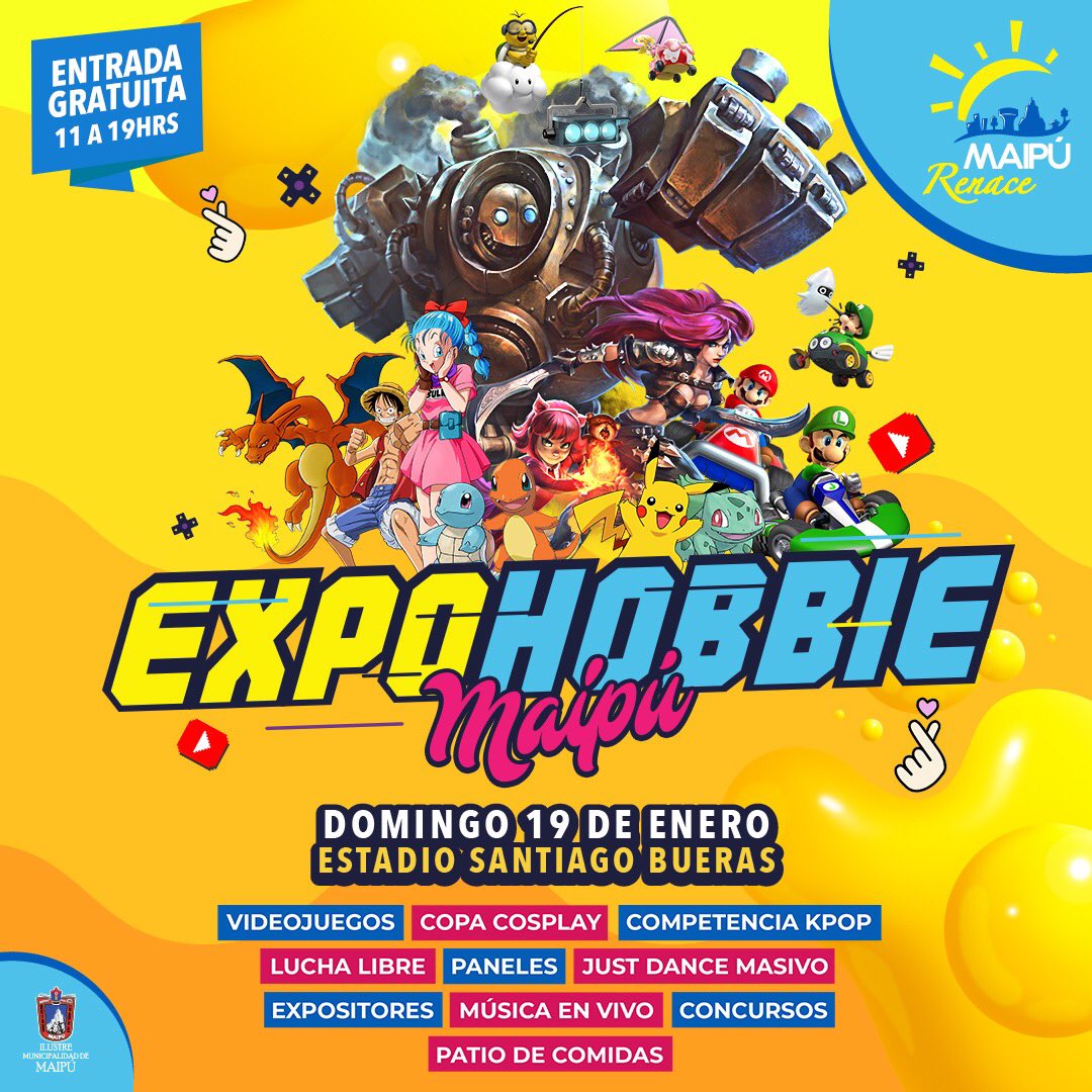 Muni_Maipu's tweet photo. Este domingo 19 de enero l@s esperamos a la primera #ExpoHobbie 2020 🎮🐼 en el estadio Santiago Bueras.
L@s esperamos para que vengan a disfrutar del mejor animé, cosplay, videojuegos y más entretención desde las 11 horas.
Invitación gratuita ✅
#MaipuRenace🌞
#RenaceLaJuventud https://t.co/kBALpYlVeS