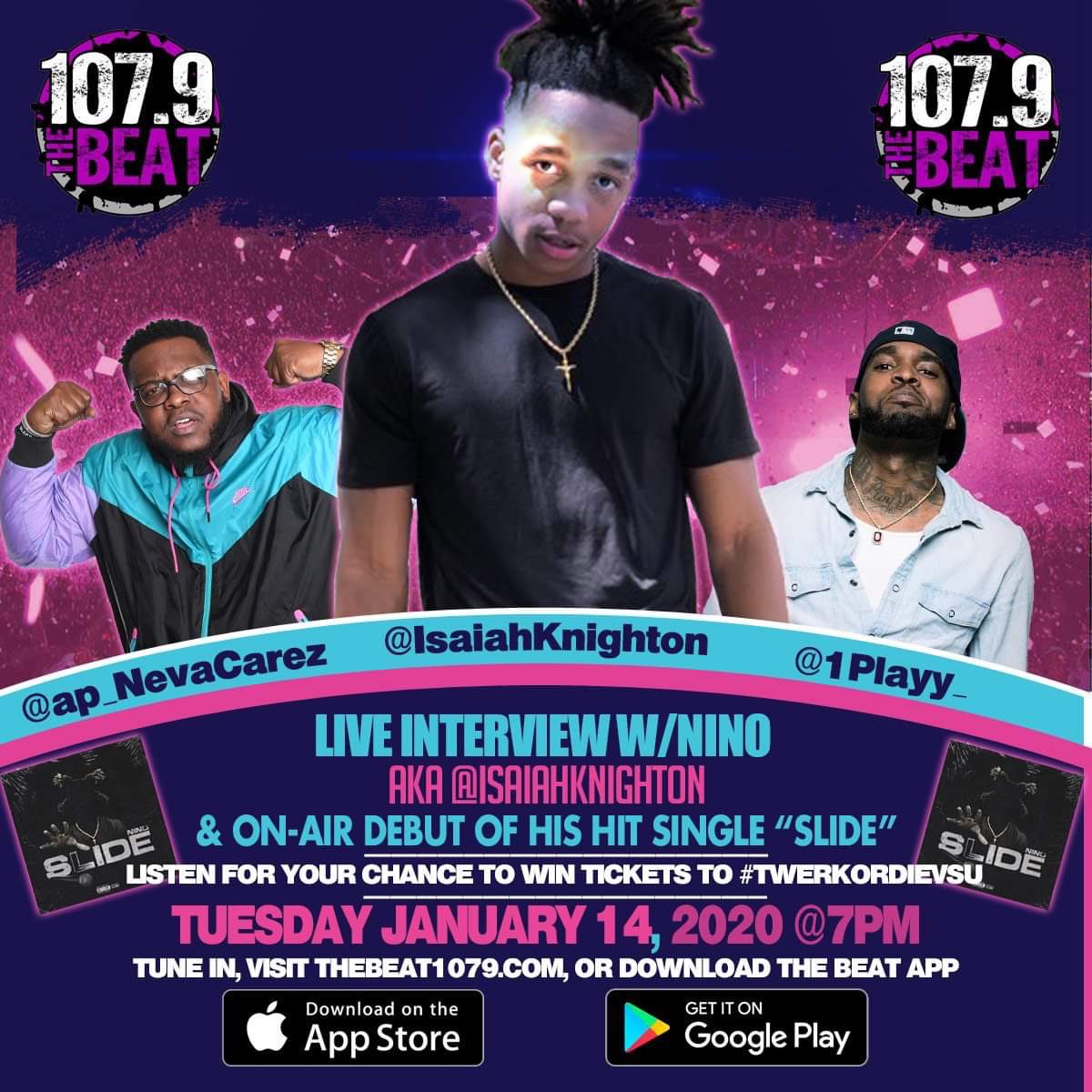 Listen to the Nighttime Beatdown w/ <a href="/ap_NevaCarez/">🅰️🅿️ 🆚 🌎</a> TONIGHT for a live interview with @IsaiahKnighton aka NINO of #Vstate and the debut of his single #Slide. We will also be giving away tix to #TwerkOrDieVSU!! #WBW2020 <a href="/DefThreatVSU_/">DefThreatVSU_</a>