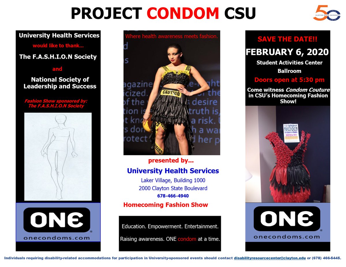 University Health Services is getting the conversation started about safe sex and sexual health.  Stay tuned as we prepare for Project Condom, debuting February 6th during Clayton State’s University Homecoming Fashion Show (sponsored by The Fashion Society).  
#ProjectCondom