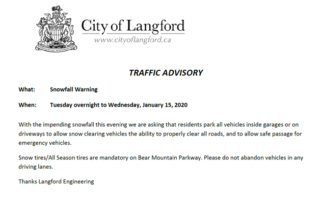 LangfordFire's tweet photo. Up to 15 cm of snow expected in Langford tonight. In addition to keeping roads clear of parked cars, make sure that you completely clear all the snow off your vehicle before driving. Stay safe everyone! #Langford #yyj https://t.co/00cjRPmWsM