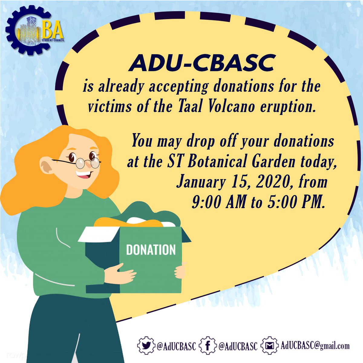 AdUCBASC's tweet photo. Hello, mga ka-CBA! We are now accepting donations here at the ST Botanical Garden until 5:00pm. Rest assured that goods and/or the monetary assistance we receive from you will be directly given to the victims.
#OneCBA https://t.co/20RF4AjkrY