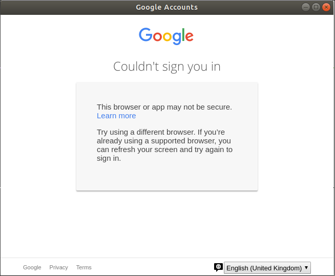 MrAlexar's tweet photo. Google now doesn't allow sign in from what they call "non-standard" browsers. In this case, it's breaking an #ElectronApp.
Question is that should we accept that now a company is deciding what browsers are allowed to be used? https://t.co/jnBF6nUUCu