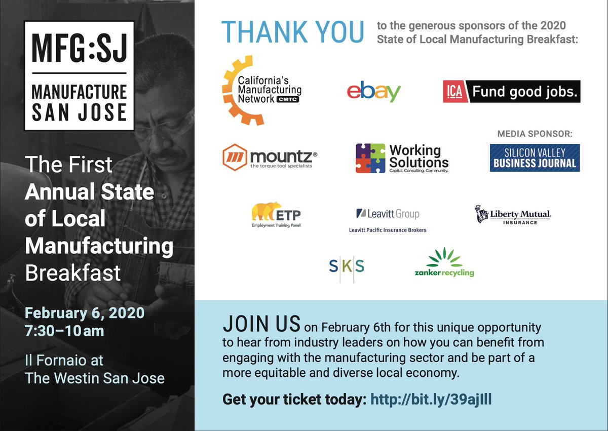 mfgsj's tweet photo. Thank you to our generous #sponsors of the 2020 State of Local Manufacturing Breakfast!

#MFGSJ #SOLM #StateOfLocalManufacturing #Breakfast #TicketsAvailable #PanelDiscussion #Networking #Event #Manufacturing #SanJose

Individual Tickets available below:
https://t.co/Ga1LFIkH99… https://t.co/PqM3rmxWkh