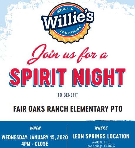 FORES_PTO's tweet image. Mention you are dining in support of Fair Oaks Ranch Elementary
&amp;amp; WILLIE’S will DONATE 15% OF YOUR CHECK!