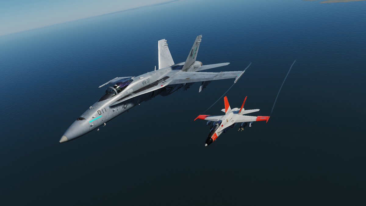 F/A-18C "Hornet" formation with my buddy <a href="/mr_vieux/">VieuxMr</a> (in red and white) in #DCS ! #AvGeek 

cc : <a href="/AstroVicnet/">Stardust Compte bot. Je suis sur BlueSky.</a>