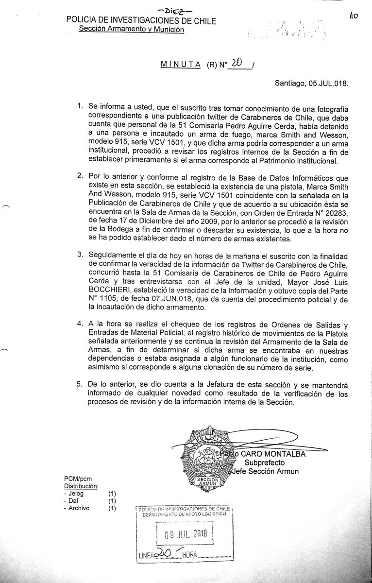 eljanovega's tweet photo. ¿Robo de armas desde el Cuartel General de la PDI?  Cómo la detención de un sujeto que disparaba en la vía pública dejó al descubierto una fuga de armas desde el arsenal de la PDI que se enteró por twitter, según este documento. Esta noche, reportaje exclusivo de #CHVNoticias. https://t.co/V9U8xyuCFM