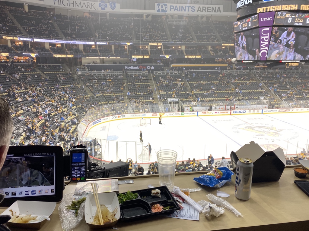 PhishNQuips's tweet photo. Just got to my sick seats for this @penguins game and I am 2 feet from where #Pittsburgh's own  @theclarks are gonna throw down after the game. Oh, and #SidCrosby is back tonight. #pittsburghNight #letsgoPens https://t.co/4QmSoS2kUX