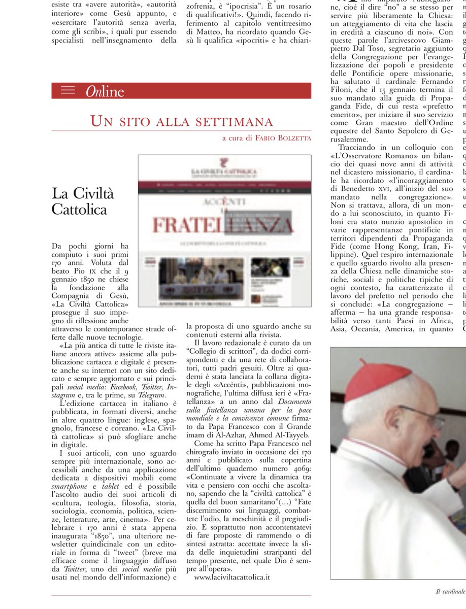 FabioBolzetta's tweet photo. Ha compiuto #170anni ma comunica sui social creando ponti.
@CivCatt sulla rubrica #UnSitoAllaSettimana de @oss_romano diretto da @monda66 oggi in edicola.
👉🏻👉🏻https://t.co/iDk0sYMvZC
#OsservatoreRomano @antoniospadaro #CiviltaCattolica #Osservatore #Buongiorno https://t.co/qMK80X8Tqk