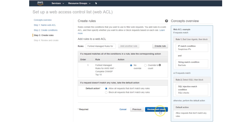 Screen shot of Fortinet's managed rules create page