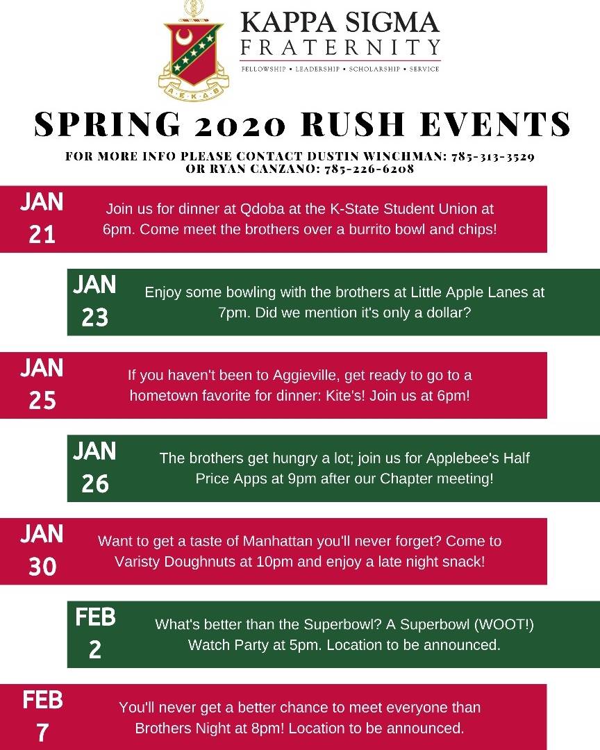 KappaSigmaKSU's tweet photo. Check out this semester's list of rush events through the Gamma-Chi Chapter of Kappa Sigma! We're looking forward to meeting you, so don't hesitate to show up and leave at your convenience! #AEKDB #EMAW https://t.co/eCGvZDhEXY