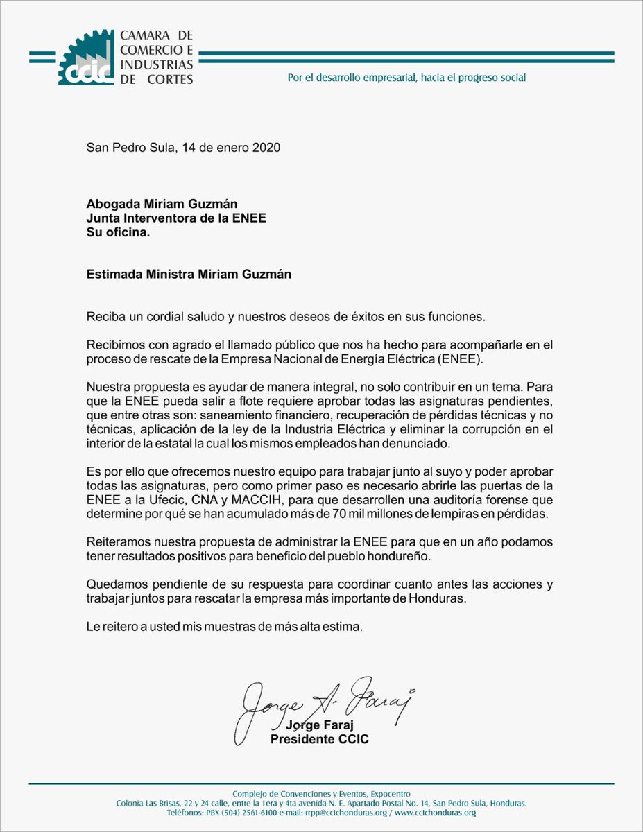 jorge_faraj's tweet photo. Les comparto la respuesta que le he enviado a la Ministra Miriam Guzmán para trabajar por el rescate de la #ENEE, sin privatización ni aumento a  tarifas. https://t.co/J3Ks2LLAyI