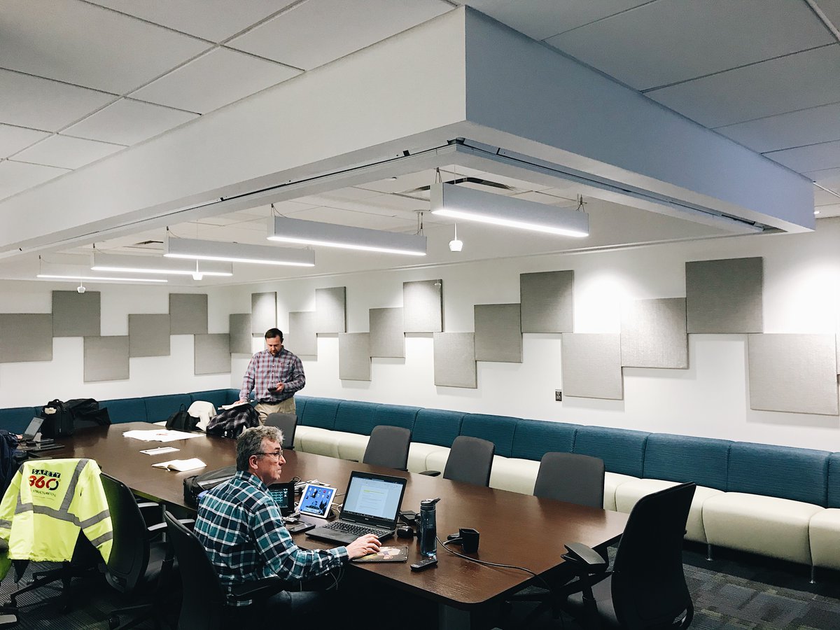 JohnsrudArch's tweet photo. We are loving this newly renovated conference room for one of our clients in NJ. The soft seating wraps around the corner to provide not only a pop of color but comfortable and extra seating for all day meetings! #JAdesigns #interiordesign #corporate #meetingspace #teambergmann https://t.co/ZM2mgu3gLs