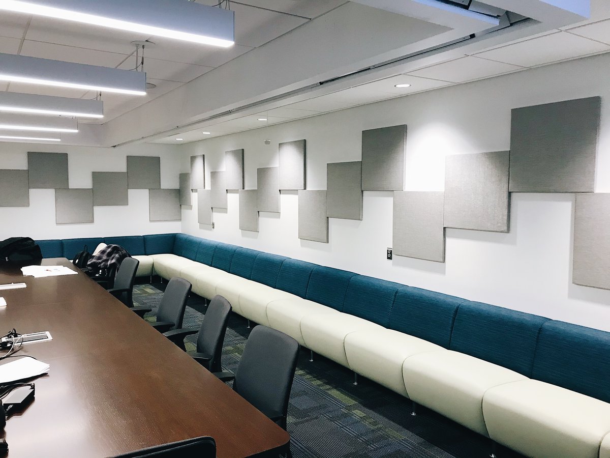 JohnsrudArch's tweet photo. We are loving this newly renovated conference room for one of our clients in NJ. The soft seating wraps around the corner to provide not only a pop of color but comfortable and extra seating for all day meetings! #JAdesigns #interiordesign #corporate #meetingspace #teambergmann https://t.co/ZM2mgu3gLs
