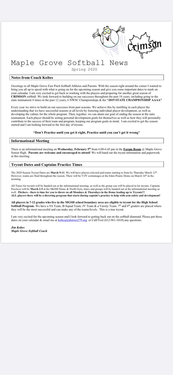 Maple Grove Crimson Softball Tryout Infomation!!! Put these dates on your calendars &amp; visit 
crimsonsoftball.com for more information about  (Times ,Pitching etc...) Coming Soon to the Website &amp; Twitter !!! #Program <a href="/MGActivities/">Crimson Activities</a>