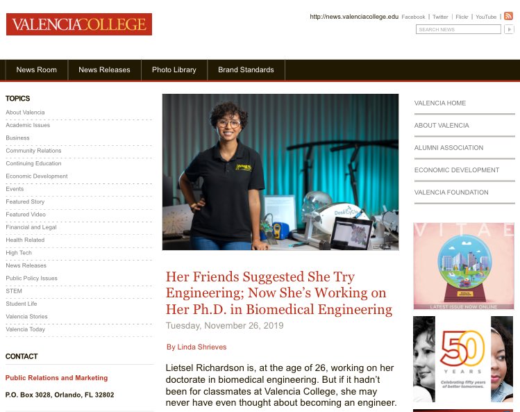 A screenshot from the Valencia College website showing a story entitled: “Her Friends Suggested She Try Engineering; Now She’s Working On Her Ph.D. In Biomedical Engineering” by Linda Shrieves