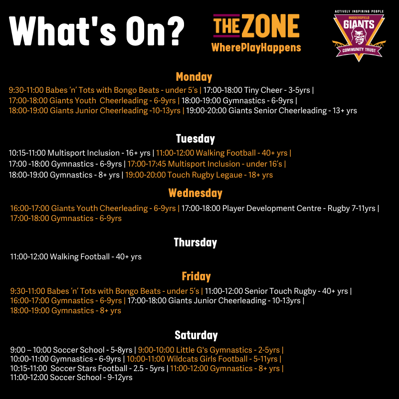 Find out what's on in The Zone 
Session all run by Huddersfield Giants Community Trust
the-zone.co
#huddersfield #thezone #thezonehud #westyorkshire #kirklees #winter #january #sports #active #fun #children #adults #rugby #football #gymnastics #cheerleading