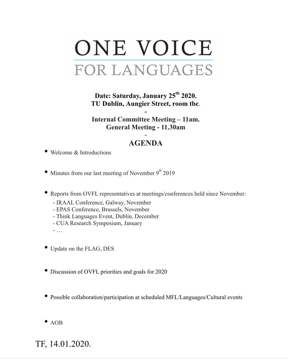We look forward to our first public meeting of 2020 on Saturday, 25th January at 11.30am in TU Dublin, Aungier St -see agenda attached. Please share with colleagues! <a href="/LangTeachersIre/">LangTeachersIreland</a>  <a href="/ACPF_Irlande/">French Language in Ireland</a> <a href="/ATI_Ireland/">Italian Teachers Irl</a> <a href="/asesoria_dublin/">Asesoría Dublín</a> <a href="/GI_Irland/">Goethe-Institut Ireland</a> <a href="/languages_ie/">Post-Primary Languages Ireland (PPLI)</a> @jctMFL <a href="/MotherTonguesIE/">MotherTonguesIreland</a>
