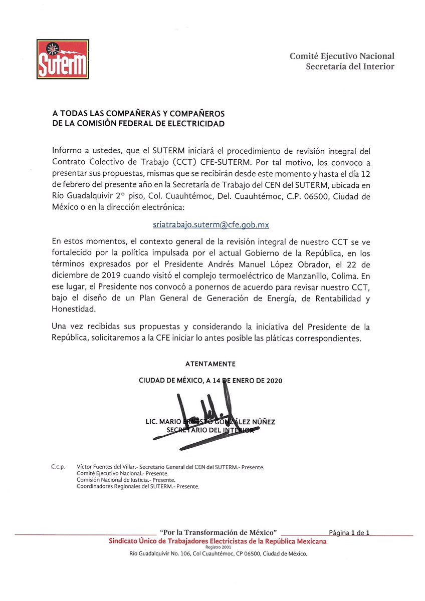 SUTERM_NACIONAL's tweet photo. Comunicado a todas las compañeras y compañeros de Comisión Federal de Electricidad, 14 de enero de 2020 https://t.co/rCprqbCINz