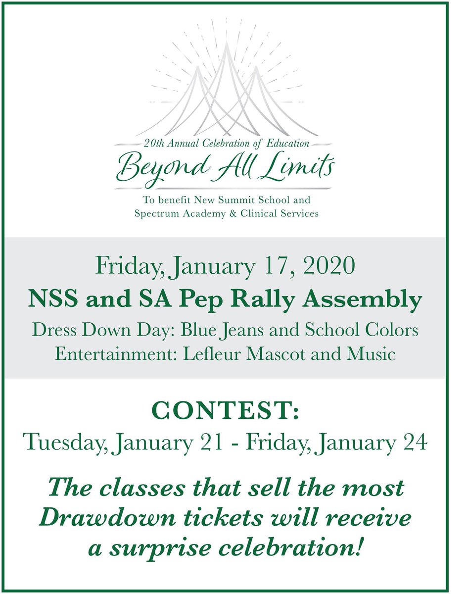 NewSummitSchool's tweet photo. This Friday, NSS and SA students will have a kick off Pep Rally to celebrate the 20th Annual Celebration of Education "Beyond All Limits" fundraiser. To purchase a ticket and/or sponsorship, please visit our website https://t.co/mVnt7nXd1f https://t.co/GrHgdYo2eU
