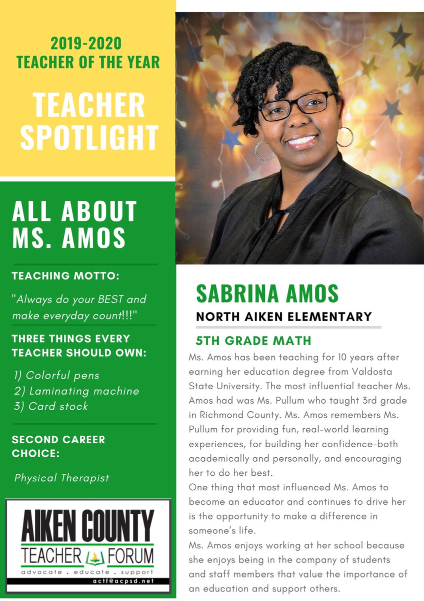 🔦 2019-2020 Teacher of the Year Teacher Spotlight:
Ms. Sabrina Amos from <a href="/NorthAiken/">North Aiken Elementary</a> 

#teacherleaders #ACTFsupports #ACTFadvocates #TOY