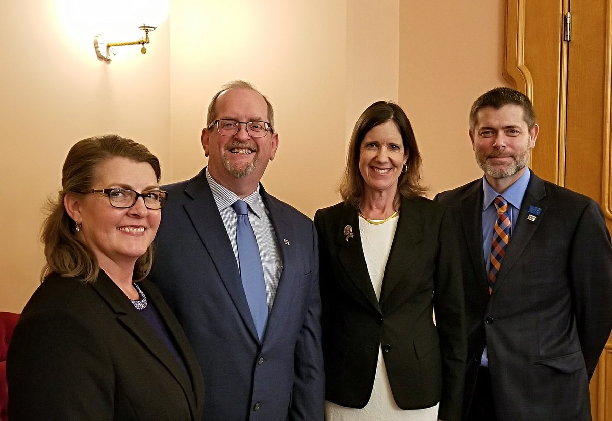 tririverscc's tweet photo. Holly Ramey and Ritch Ramey representing Tri-Rivers’ RAMTEC, Rep. Tracy Richardson and MTC President Ryan McCall at Governor’s Ceremonial signing of HB 4 into law. The bill will streamline credentialing and training for the workforce. #TRCCAmazing #ramtecohio https://t.co/M54hrfebXO