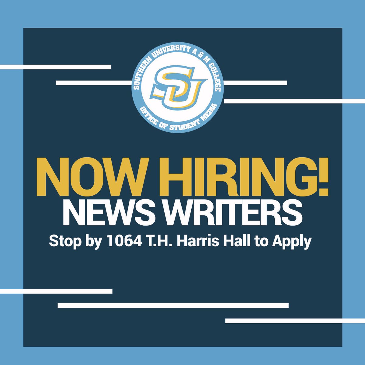 SouthernUOSM's tweet photo. If you believe you have the heart of a journalist, stop by the Office of Student Media and apply today! We are now hiring writers for all of the newspaper sections. #SouthernU #OSM #SUBound #Student Media #SouthernDigest #TeamSU #SU23 #SU22 #SU21 #SU20 #jagtalks #OntheBluff https://t.co/hK5Rp8tev1