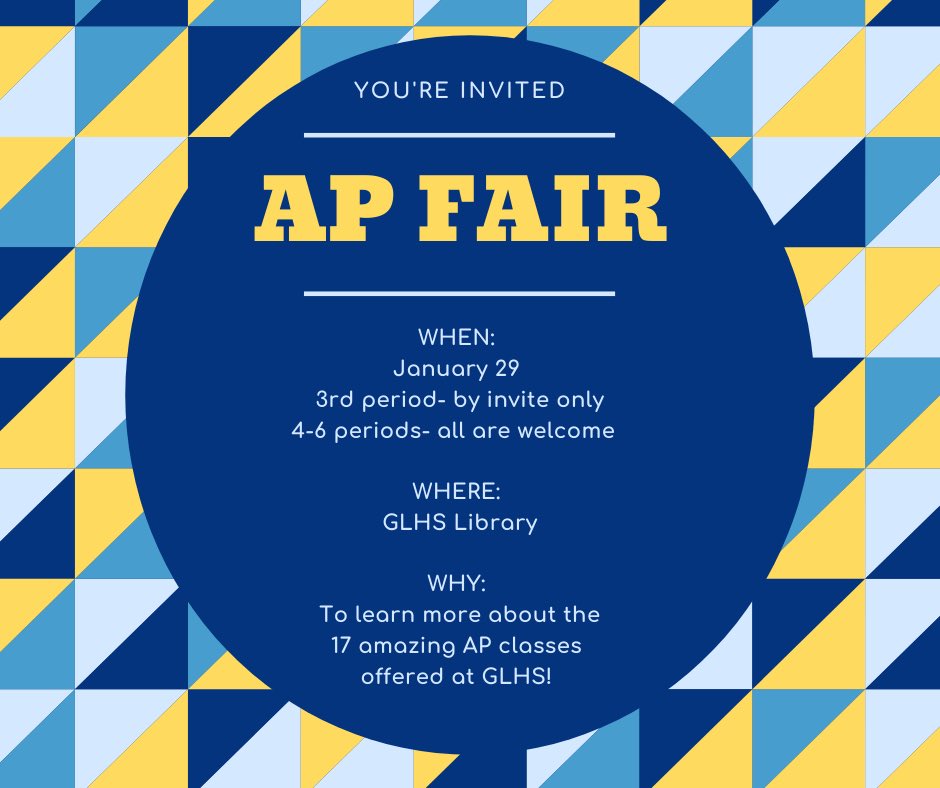 GLHS Counselors (@glhscounselors) on Twitter photo Youโre invited to our 1st annual AP Fair! We hope to see you on 1/29/20 ๐ Questions? See Mrs. Monnig in the School Counseling Office. <a href="/jessicaslocum3/">Jessica Williams</a> Youโre invited to our 1st annual AP Fair! We hope to see you on 1/29/20 ๐ Questions? See Mrs. Monnig in the School Counseling Office. <a href="/jessicaslocum3/">Jessica Williams</a>